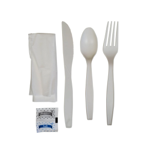 GP051 - 7" White 6 pc corn starch Cutlery Kit